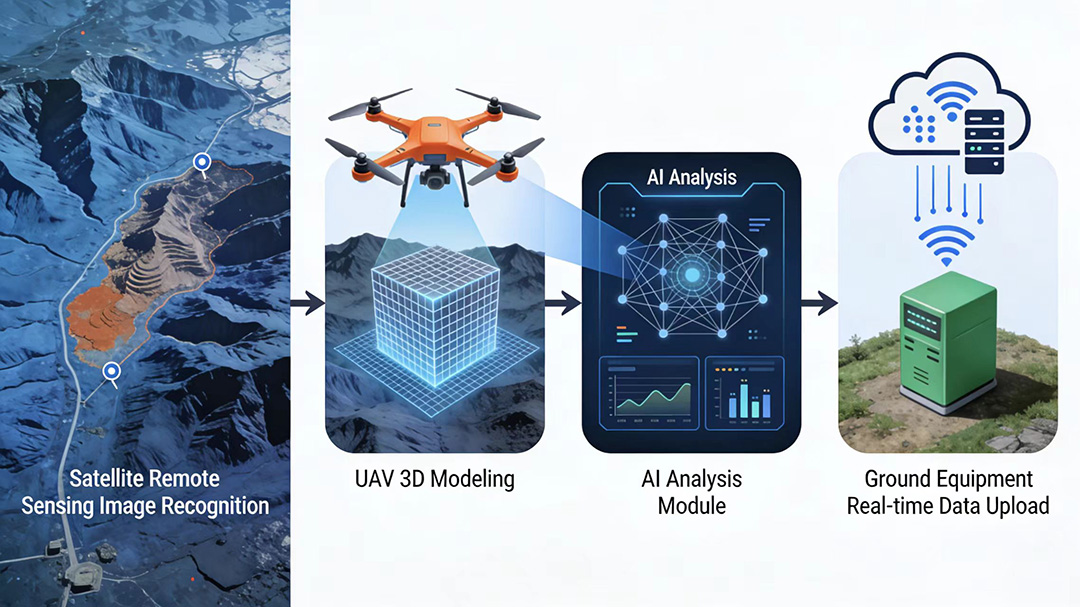 Space-air-ground Beidou surveying diagram for railway geological risk detection.